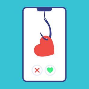 on a phone screen, heart with a fishhook to illustrate catfishing concept