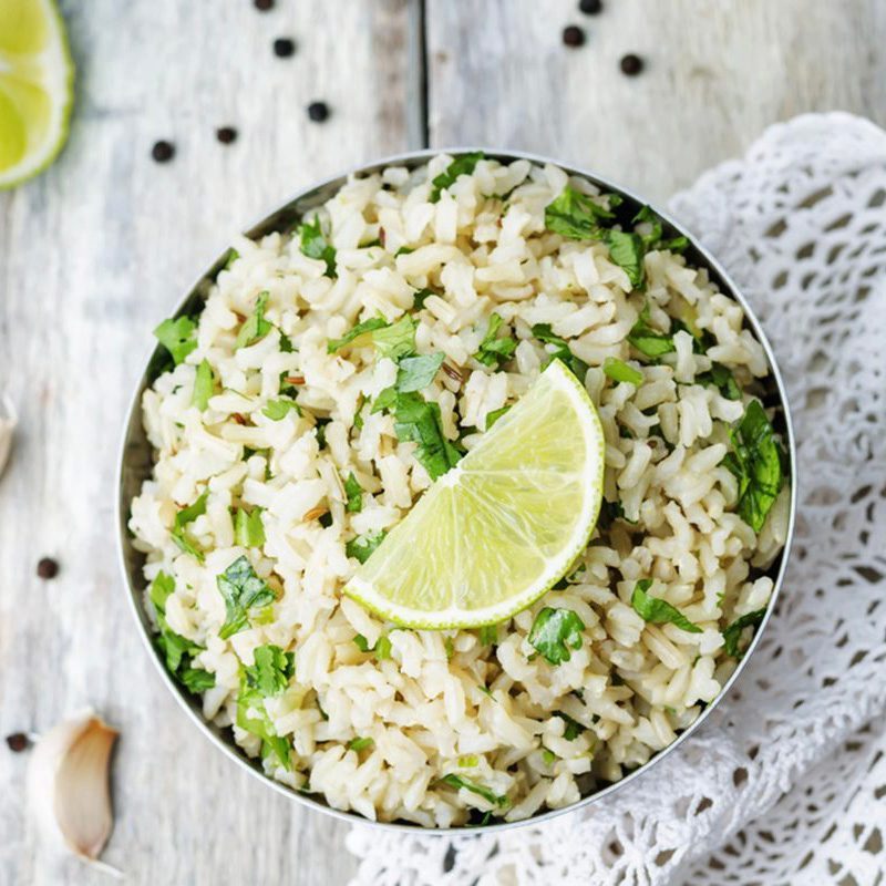 Cilantro Lime Rice with a lime wedge on top