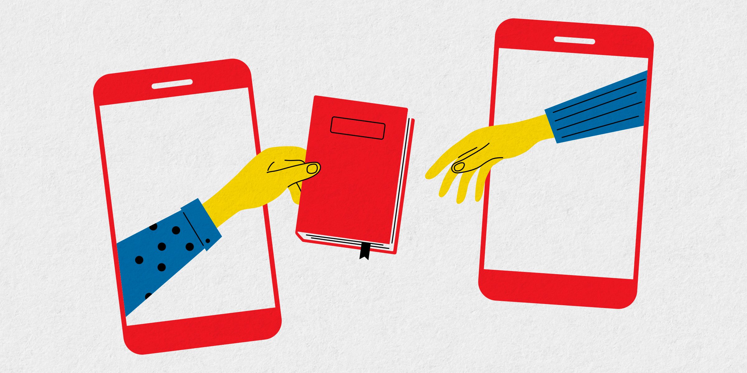 hands passing books through mobile phone screen