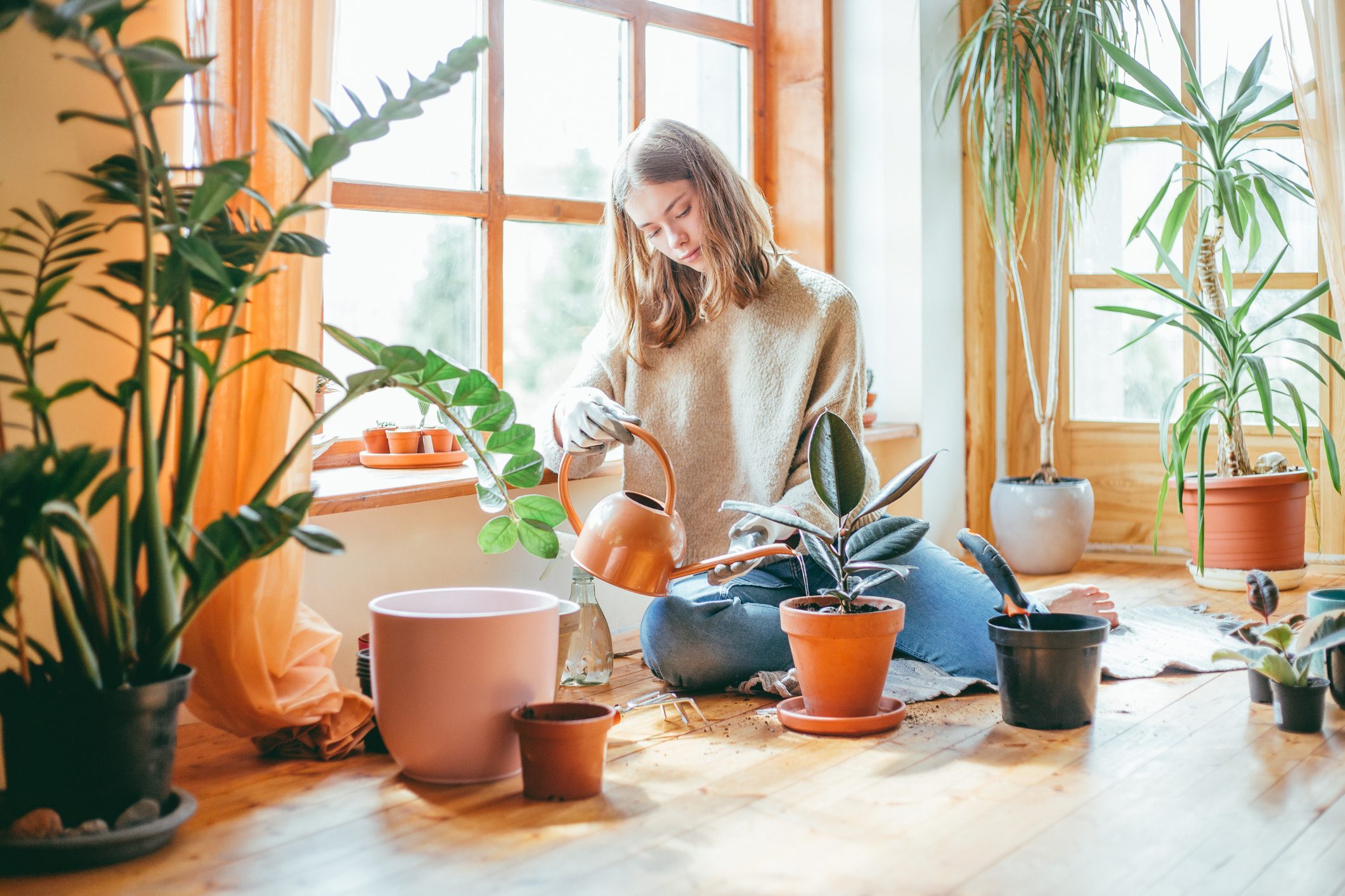 Candid portrait of woman watering her plants.