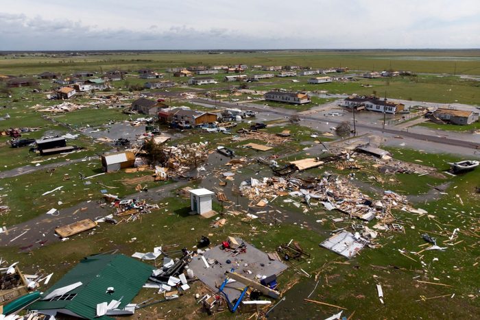 This aerial view shows damage to a neighborhood by Hurricane Laura outside of Lake Charles, Louisiana, on August 27, 2020