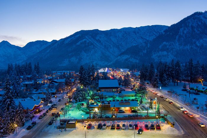 Aerial view of Leavenworth, Washington at twilight
