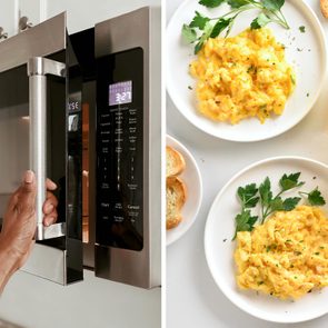 side by side of a microwave and plates of scrambled eggs