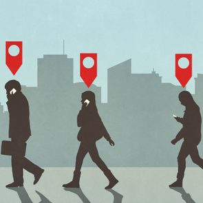 illustration of Map pin icons above business people walking and talking on smart phones in city