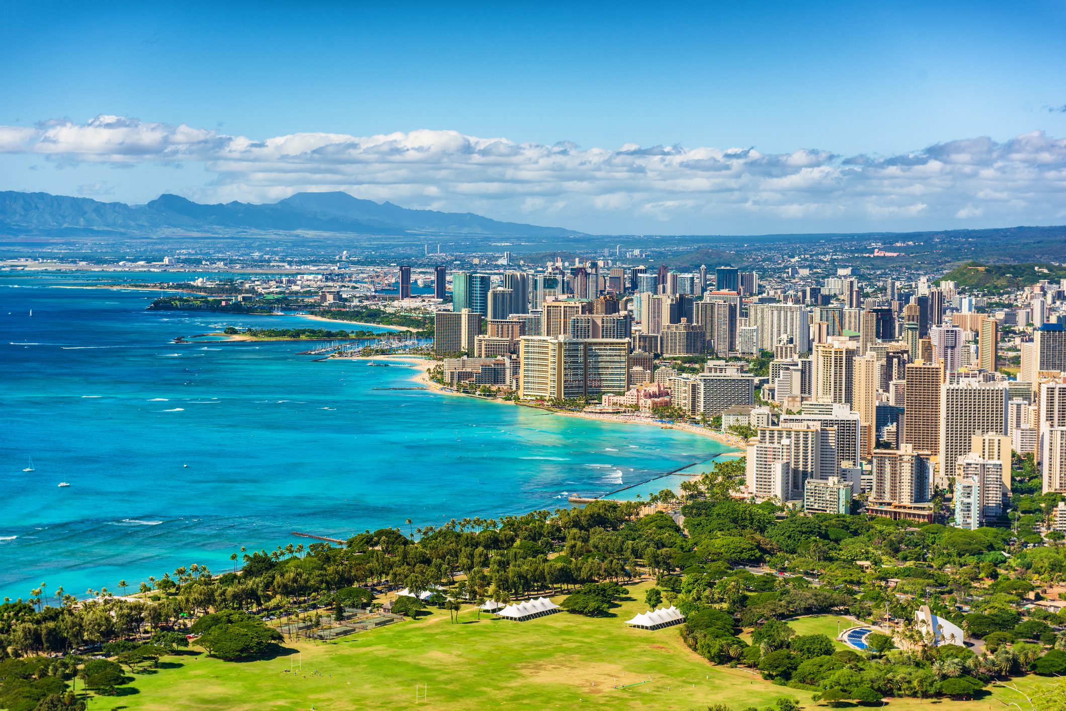 Honolulu city view from Diamond Head lookout, Waikiki beach landscape background. Hawaii travel.