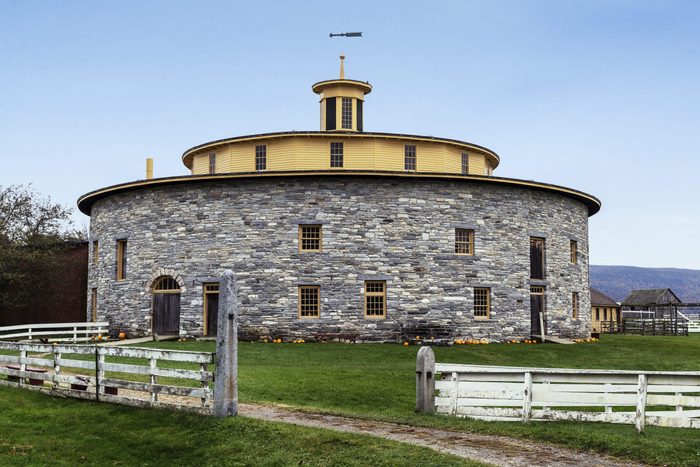 Shaker round stone barn at Hancock Shaker Village...