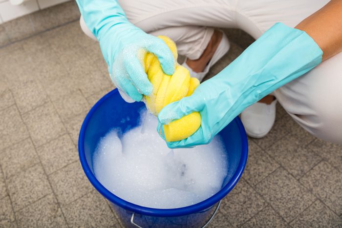 Woman Squeezing Cloth In Bucket