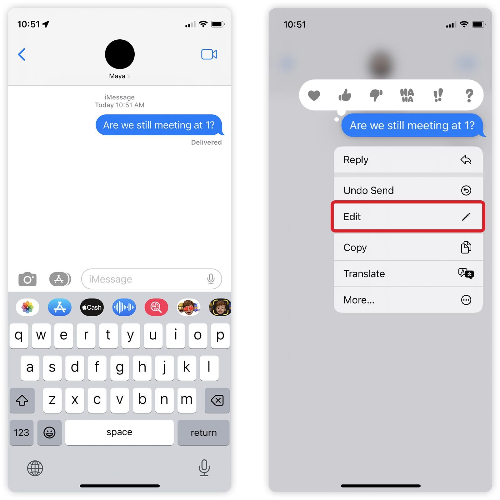 How To Edit A Text Message Iphone: Selecting the message and navigating to "Edit" in the dropdown menu