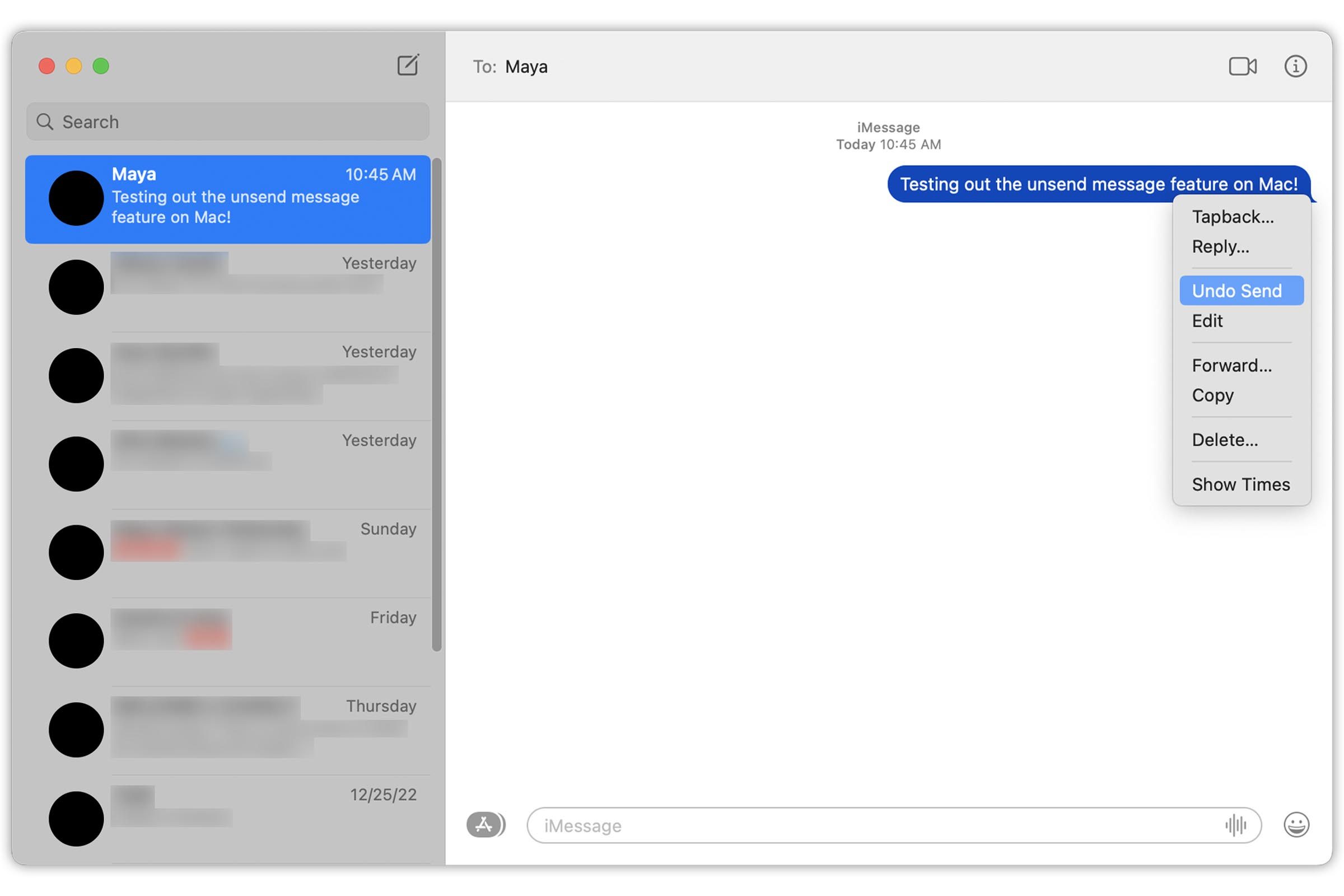 How To Unsend A Text Message Mac: Step 2, Click Unsend on the dropdown menu