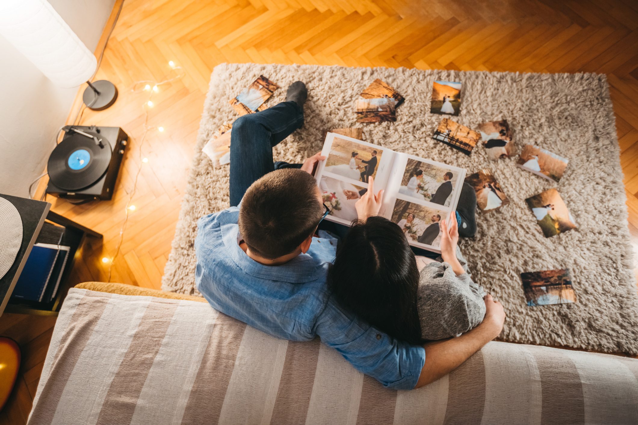Looking at wedding photos