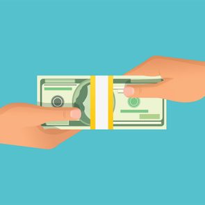 Human hand giving money to another hand illustration on a blue background