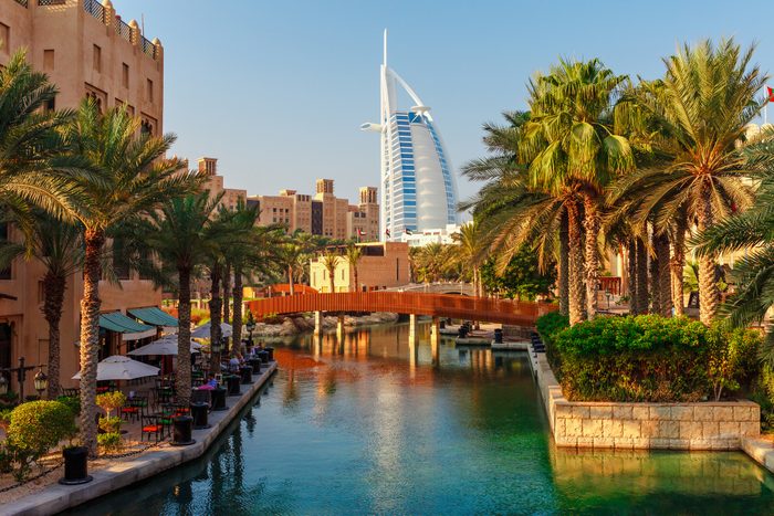 Cityscape with beautiful park with palm trees in Dubai, UAE