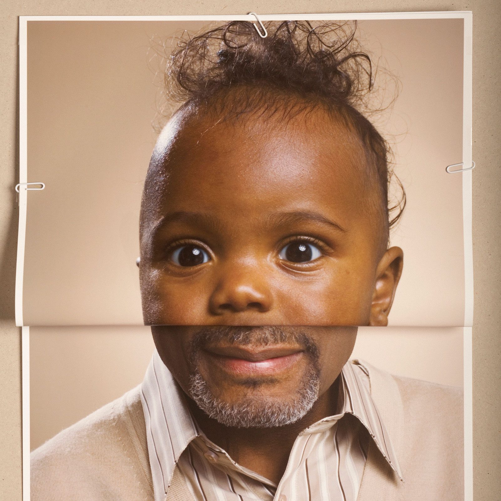 Montage Picture Of Senior Man And Baby Boy wearing a sweater and button up shirt