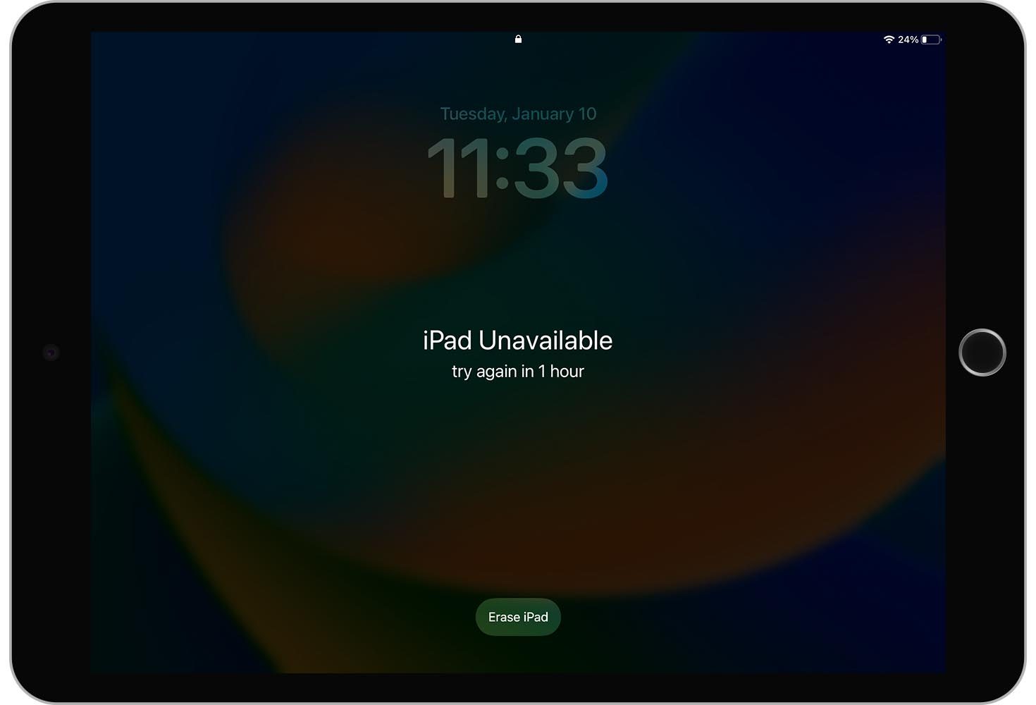 iPad showing an iPad Unavailable screen and Erase iPad button