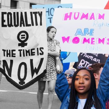 collage of a black and white photo of women protestors in the 1970s merging together with a colored photograph of woman protesters in 2022, both holding sights for women's rights