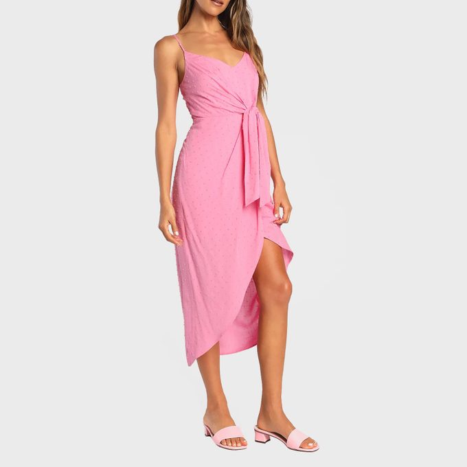 Made To Be Memorable Pink Swiss Dot Tie Front Tulip Midi Dress