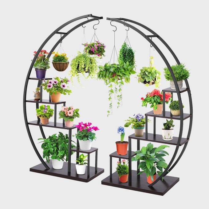 Sejov 5 Tier Metal Plant Stand Creative Half Moon Shape Ladder Flower Pot Stand Rack For Home Patio Lawn Garden Balcony Holder Black 2pcs