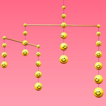 mobile made up of yellow smiley faces on pink background to represent community and support network for a happier life