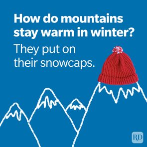 Mountain winter joke with mountains drawn out on blue background