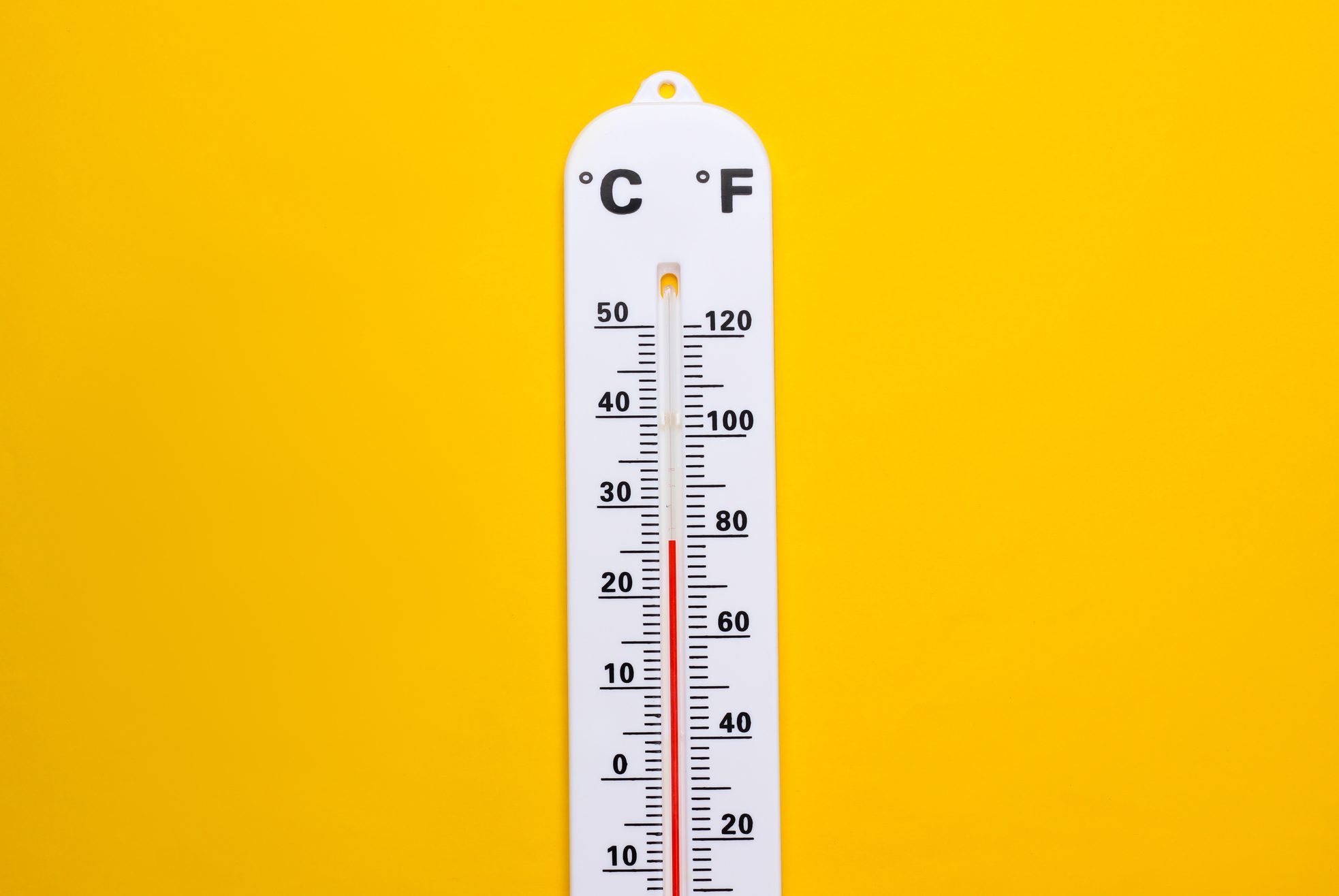 Weather thermometer on yellow background. Climate control. Top view
