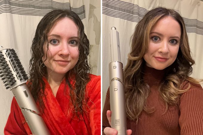 woman using the Shark Hair Tool in a bathroom