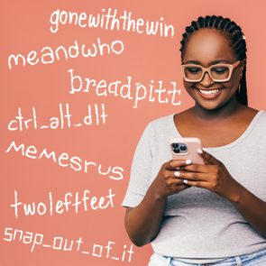 handwritten funny usernames on an orange background, smiling woman texting on a phone