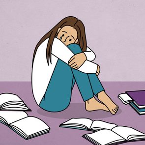 Illustration of a woman in the fetal position surrounded by books