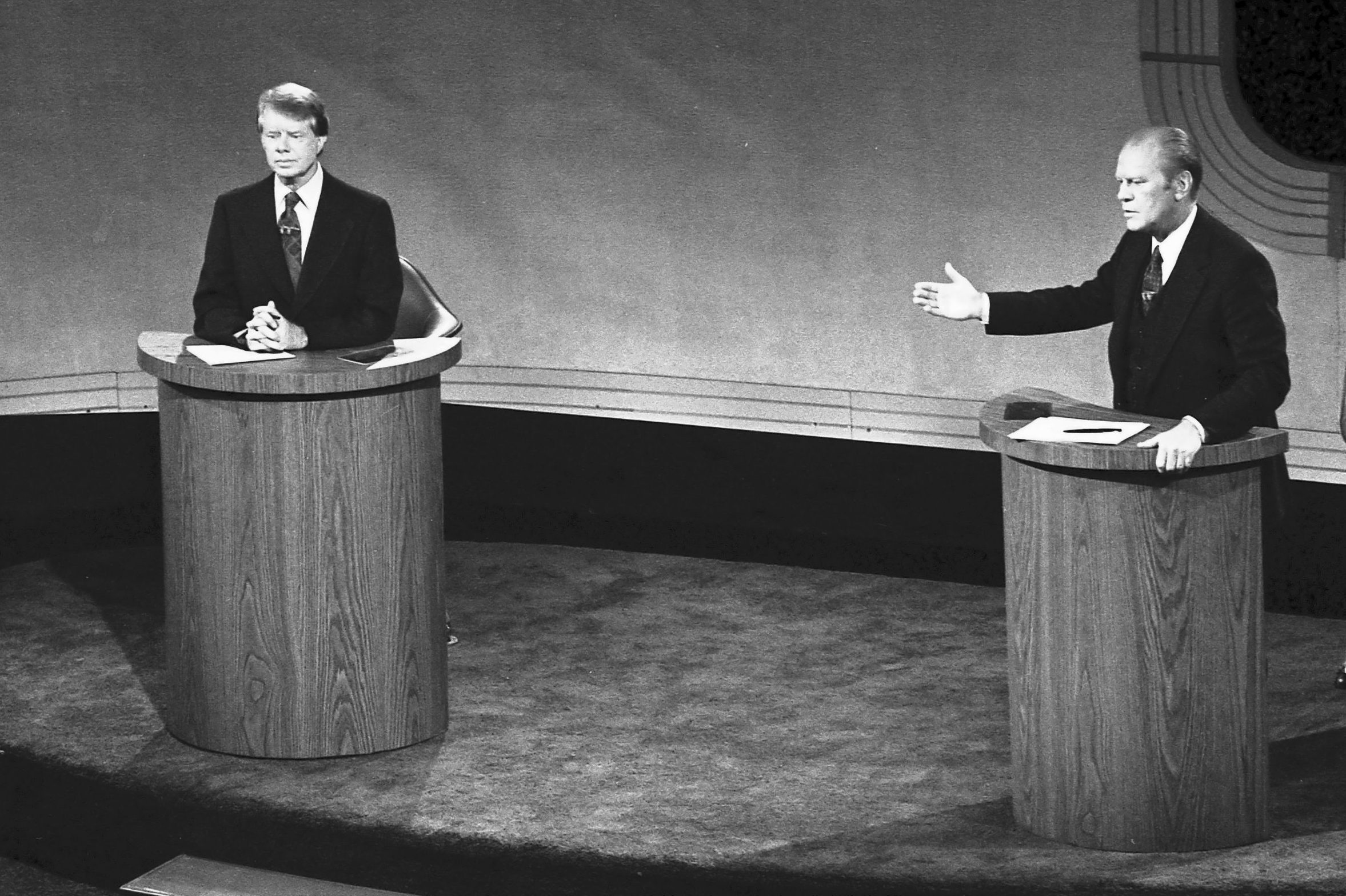 James 'Jimmy' Carter and Gerald Ford taking part in the first televised debate between candidates for the post of President of the United States during the 1976 election. Carter became 39th President. American Democrat Politician