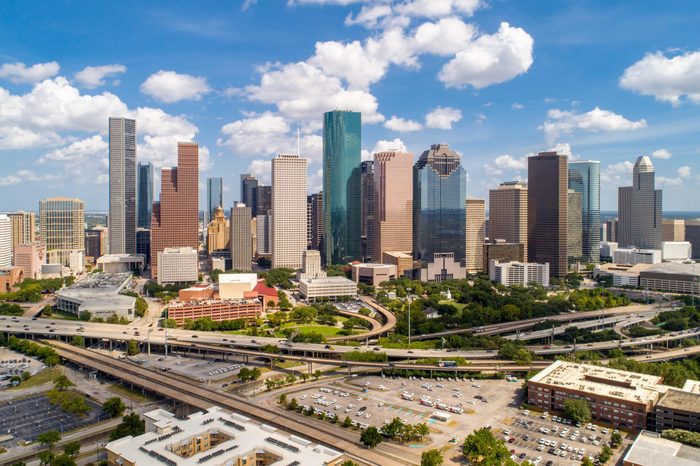 Panorama of aerial view of Downtown Houston, Texas, USA in a beautiful day.