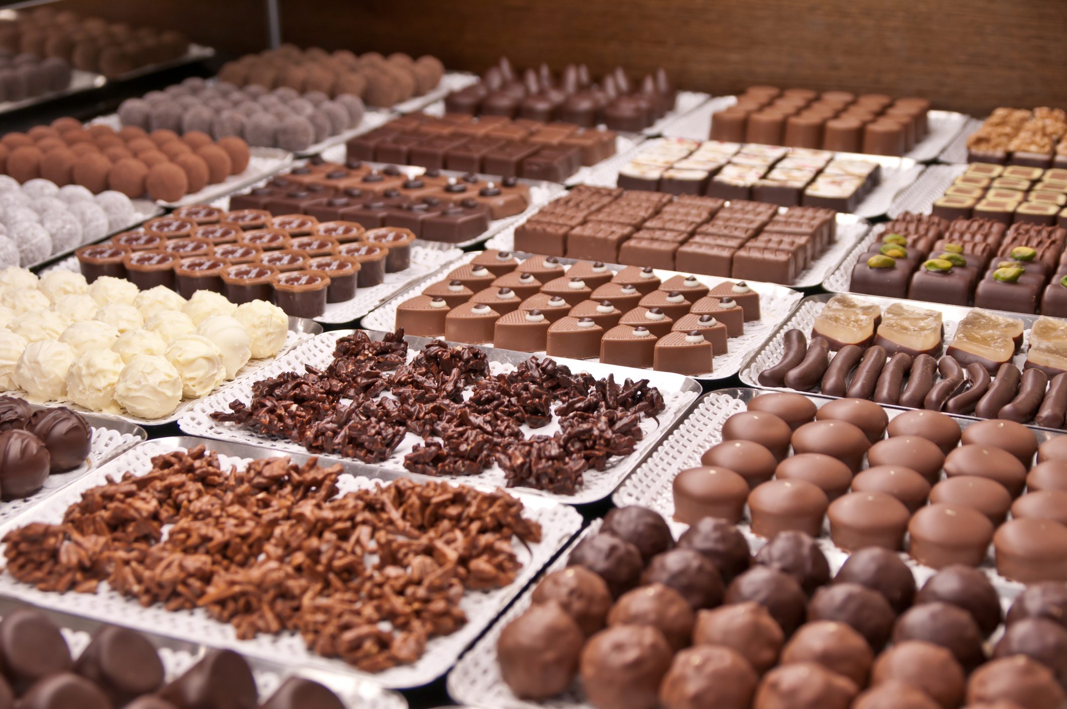 chocolate pralines in a Swiss confiserie