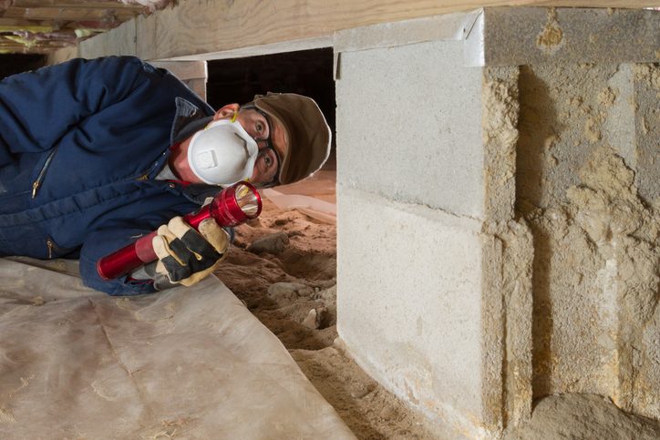 Home inspector looks for termites in residential home's crawl space