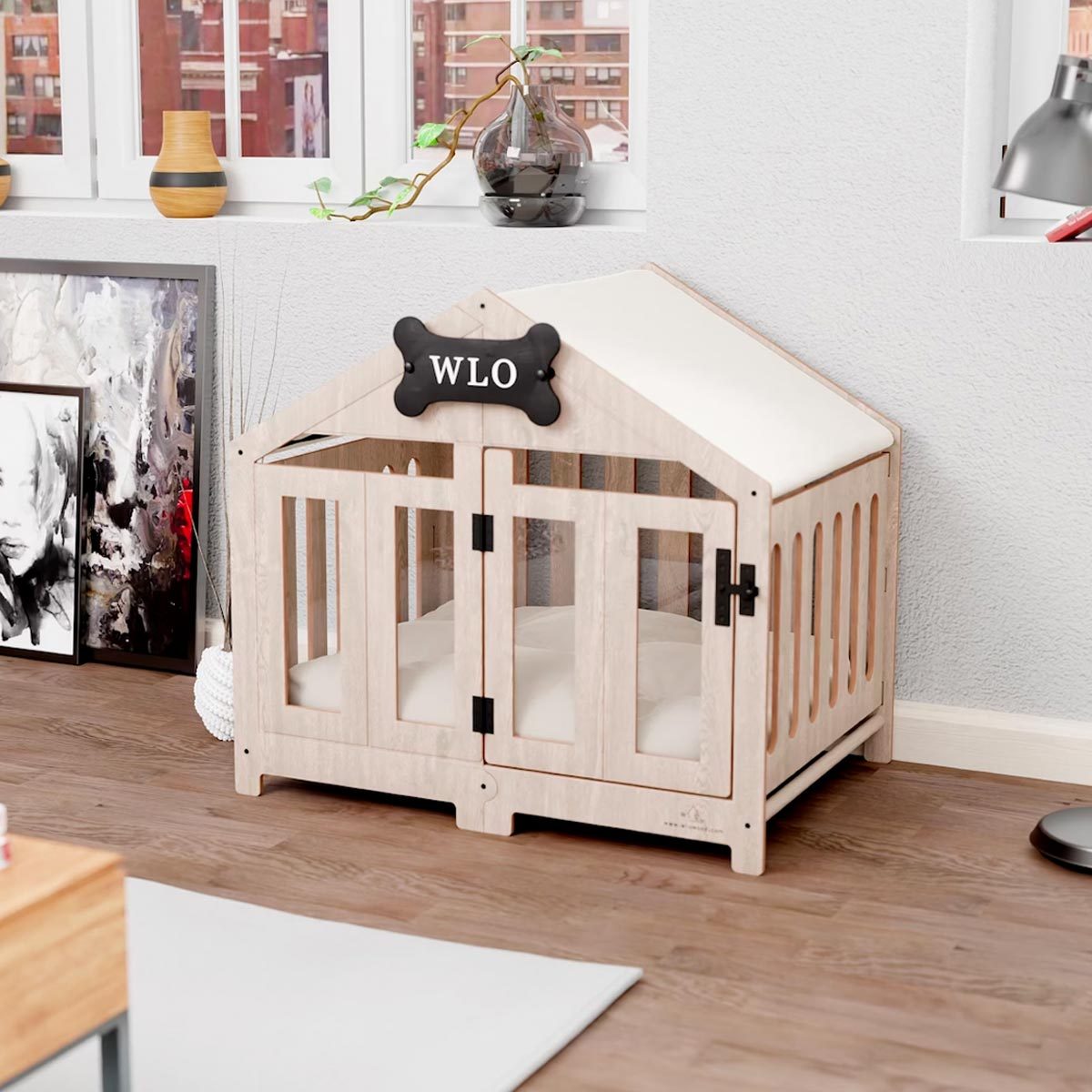 Natural Ivory Gabled Modern Dog Crate 