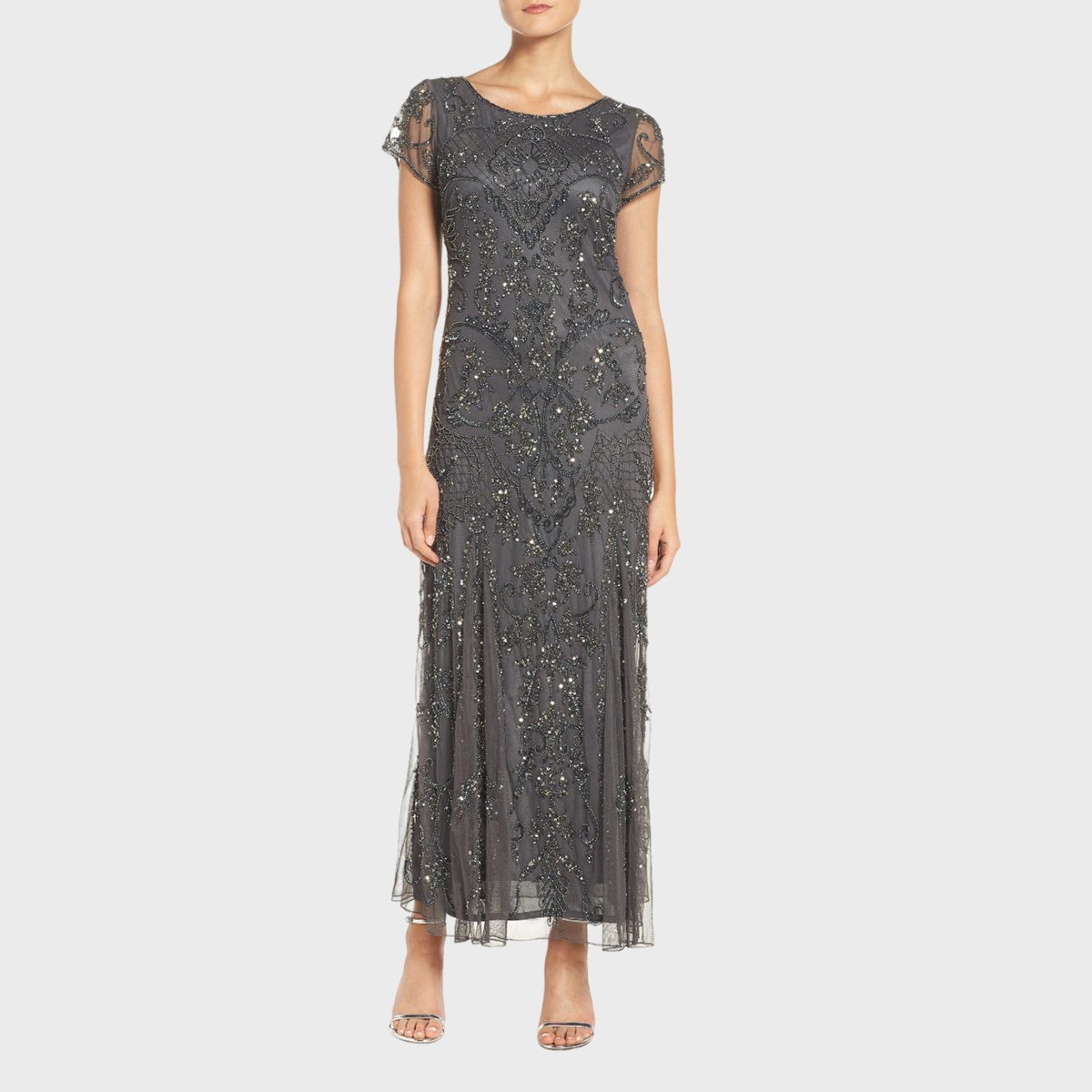 Beaded Mesh Column Gown