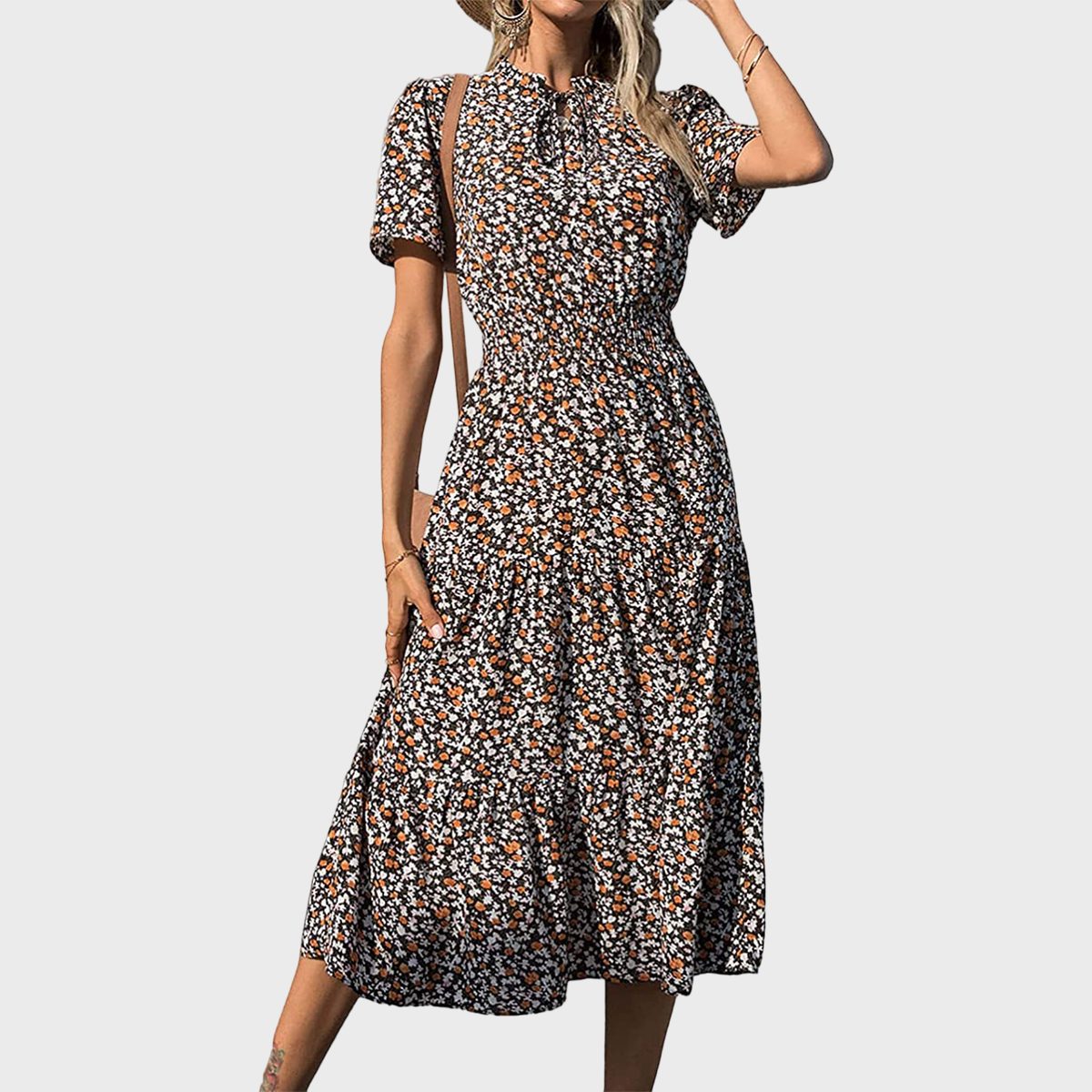 Floral Tie Neck Midi Dress