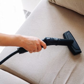 Hand cleaning a sofa with steam cleaner, Home cleaning concept.