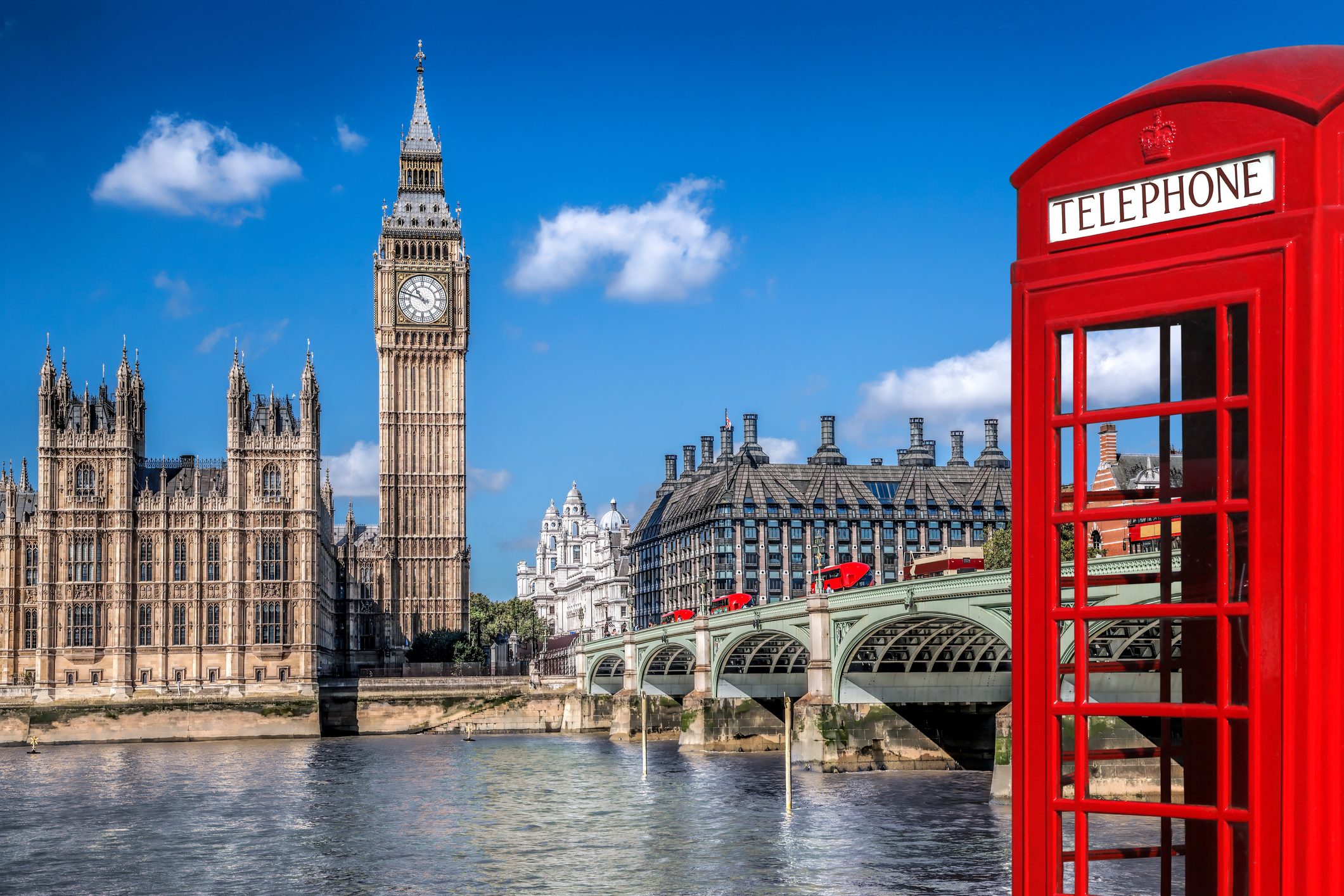 London symbols with BIG BEN, DOUBLE DECKER BUSES and Red Phone Booth in England, UK