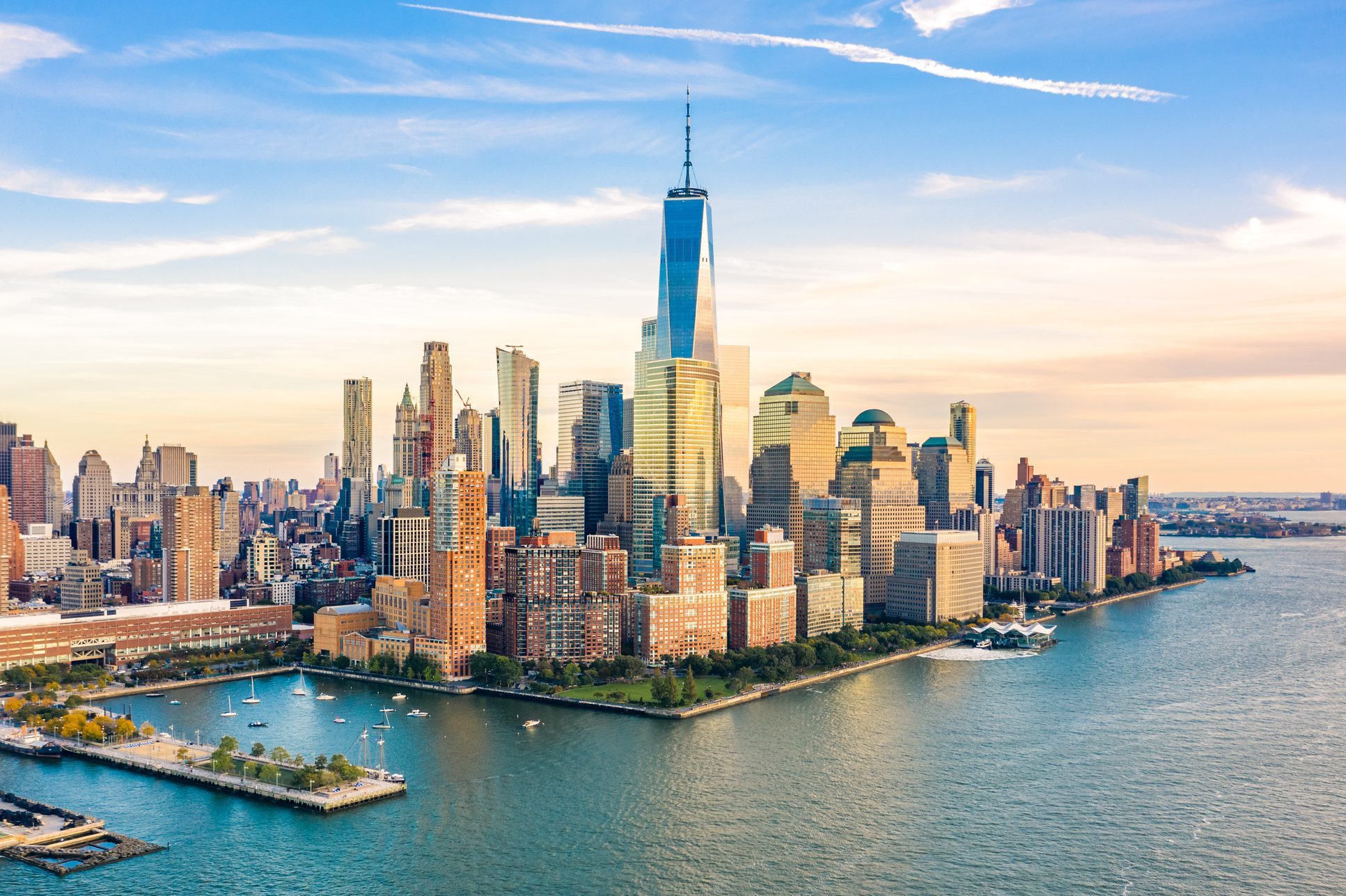 Aerial view of Lower Manhattan skyscrapers