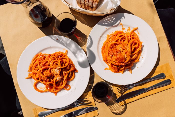 Pasta Amatriciana served in Italian restaurant in Rome, Italy