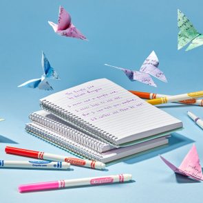 poetry written on lined notebook paper with some markers scattered around and origami butterflies made with poetry pages floating above; light blue background
