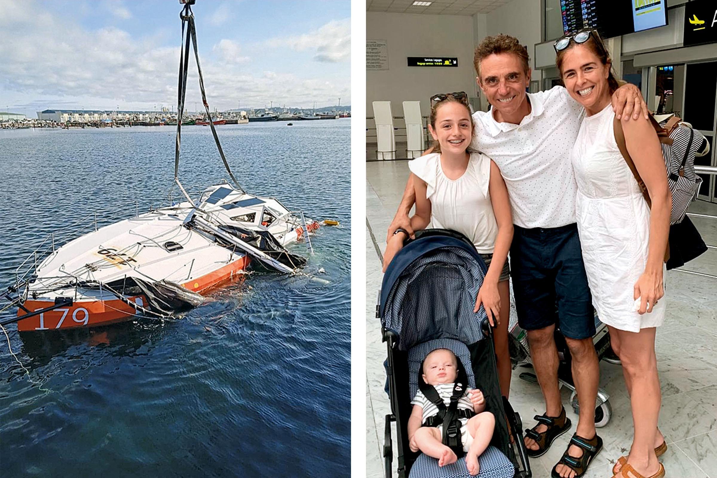 Left: the battered Jeanne. Right: Camprubi, safe on land, with his family, Paul, Jeanne and Virginie Philip.