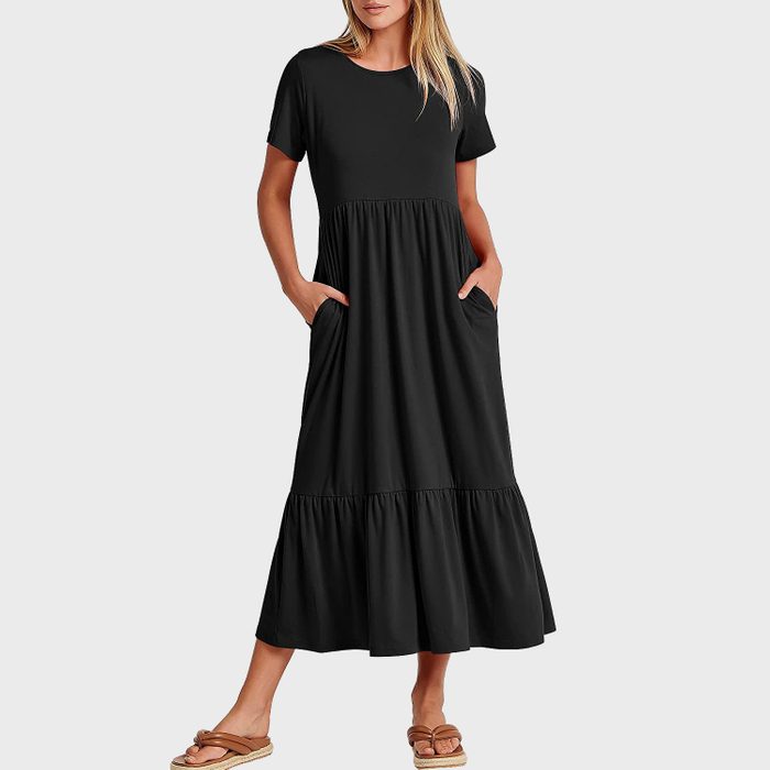 Anrabess Womens Summer Casual Short Sleeve Crewneck Swing Dress Casual Flowy Tiered Maxi Beach Dress With Pockets