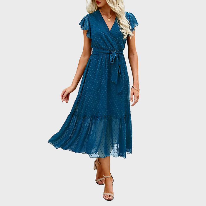 Btfbm Women Summer Bohemian Floral Casual Wrap V Neck Ruffle Cap Sleeveless Belt A Line Pleated Hem Swing Midi Sun Dress