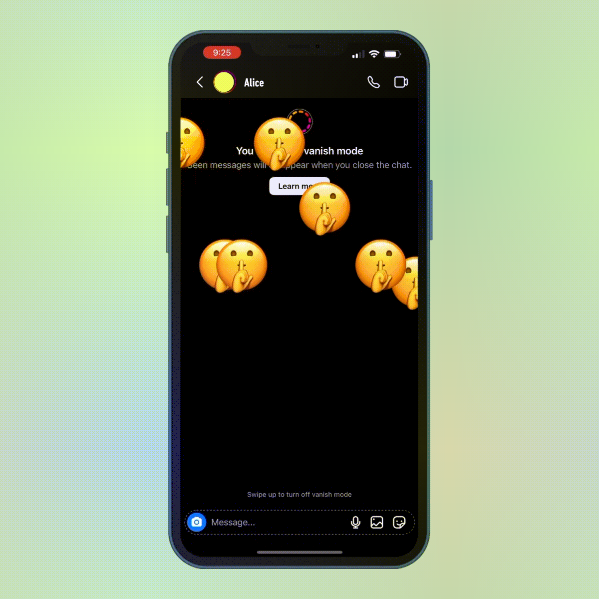 Vanish mode on Instagram on iPhone with emojis shushing