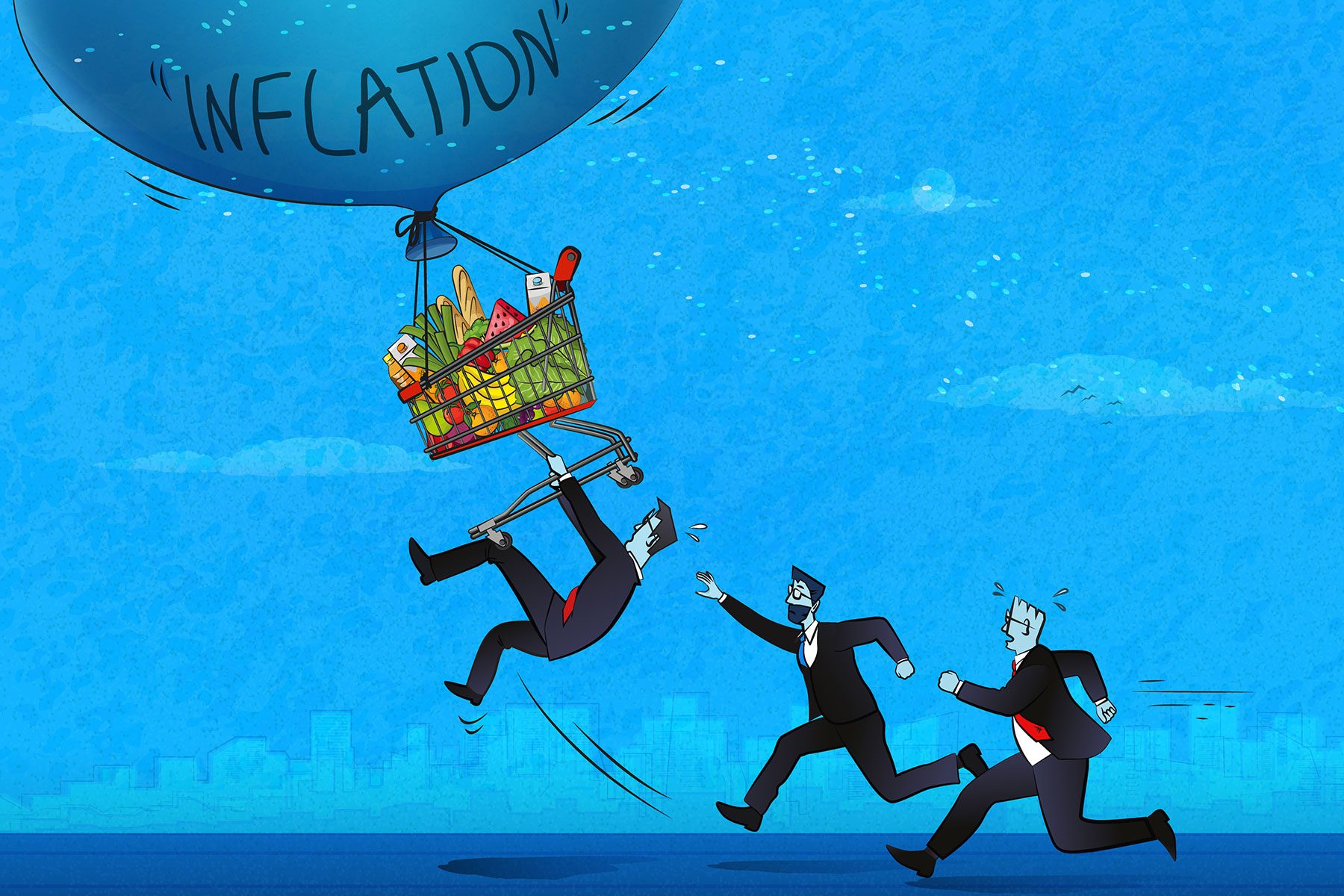 Running men trying to catch the shopping cart full of food flying away with the inflation bubble
