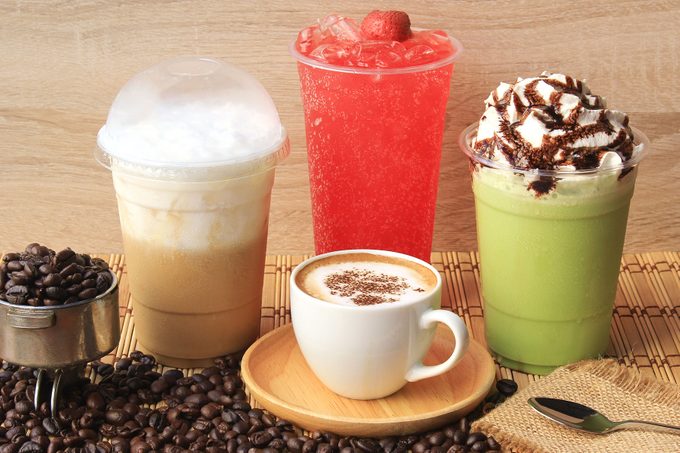 Hot Coffee Cup With Coffee Beans On The Wooden Table, Cold Coffee, Iced Matcha Green Tea And Fruit Soda