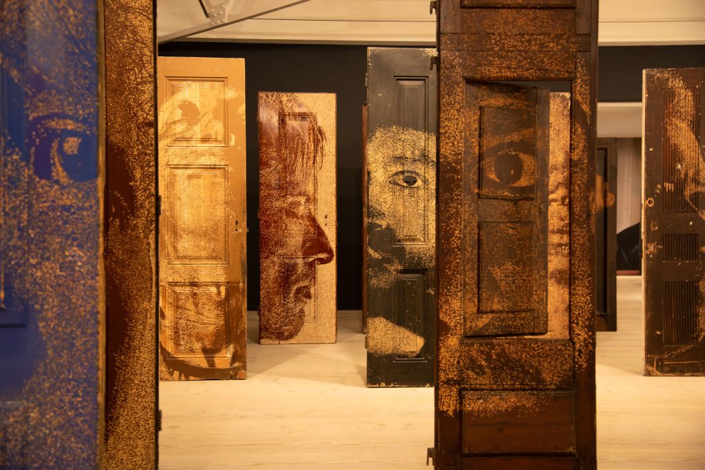 Installation pieces by artist VHILS seen during the...