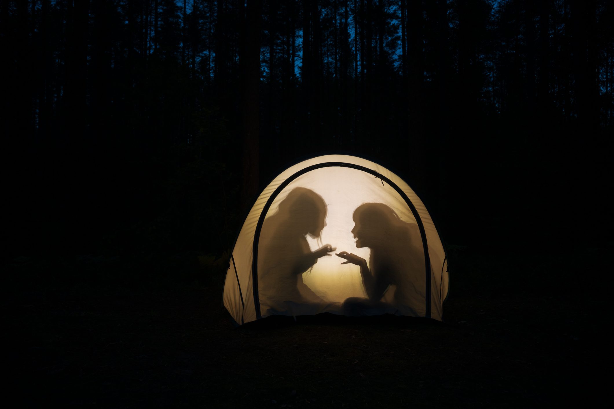 Children making shadow puppets in a camping tent at night