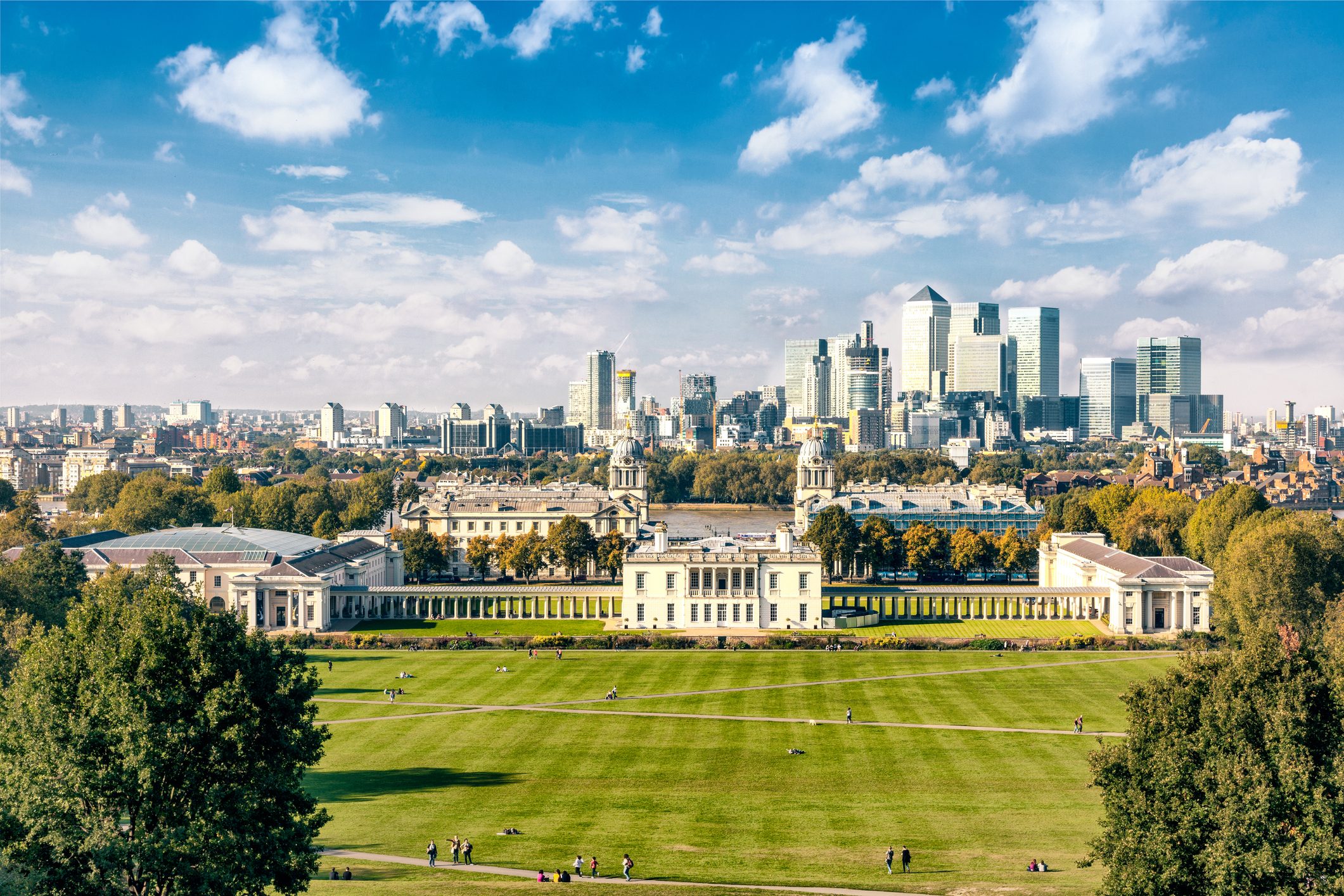 Greenwich College with the financial district of the Docklands in the background, Greenwich Park.
