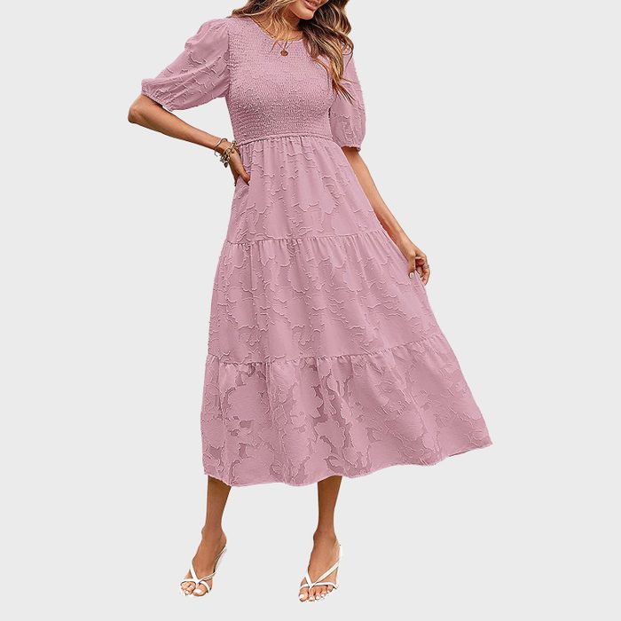 Merokeety Summer Puff Sleeve Smocked Floral Dress Crewneck Lace Flowy Tiered Midi Dresses