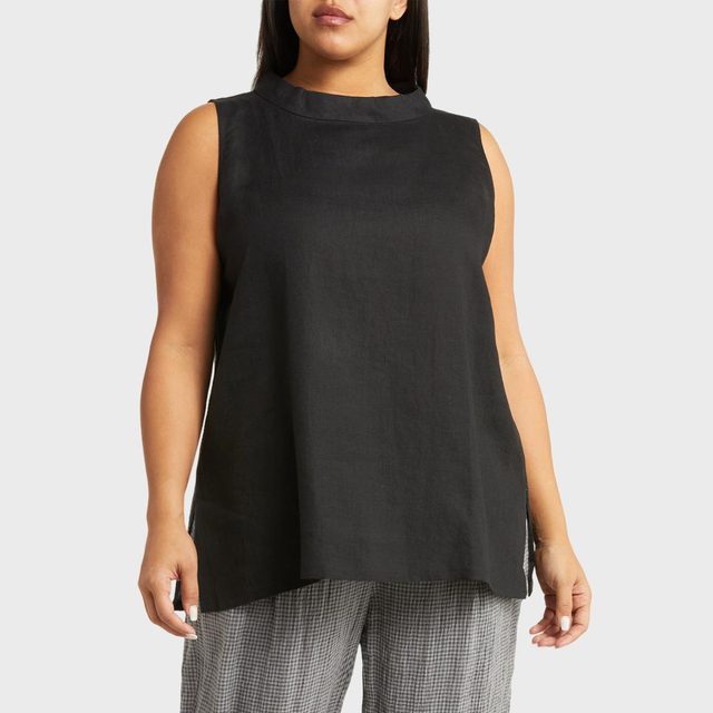 Band Collar Sleeveless Organic Linen Blend Tunic Plus Size